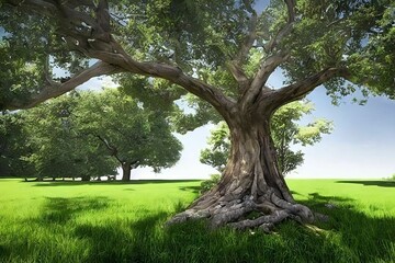 A big tree with multiple branches in a park. A sunny morning, sun beam coming through the branches 