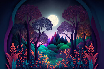 beautiful illustration paper craft style  forest in night time