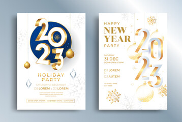 New Year 2023 holiday party posters. Merry Christmas invitation flyer with golden decoration elements.