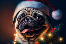 Cute Pug Dog Wearing A Santa Hat, Wishing Happy Christmas