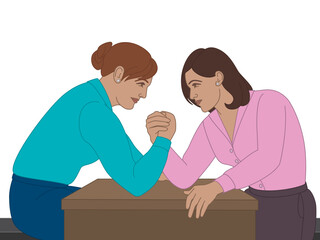 Wall Mural - business women arm wrestling on office desk, isolated on white background