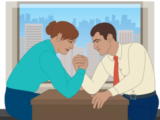 Wall Mural - business man and business woman arm wrestling on office desk, window showing buildings and city skyline in background