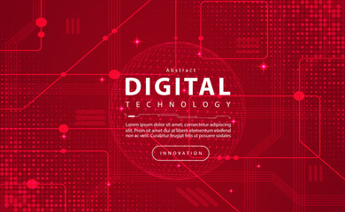 Digital technology banner red background concept, circuit technology light effect, abstract cyber tech, innovation future data, internet network, Ai big data, line dots connection, illustration vector