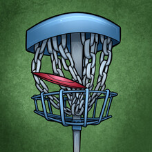 Disc Golf Basket Catching A Disc Gold Disc Cartoon Illustration