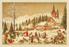 Vintage Merry Christmas Postcard With A Winter Landscape, Snowy Background, People Enjoying, Celebrating Holiday. Christmas Tree, Toys And Decorations. Ilusstration For Advertising.