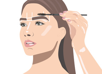 Wall Mural - The make-up artist makes markings with a white eyebrow pencil and applies paint on the eyebrows. Professional make-up and face care.Vector, illustration.