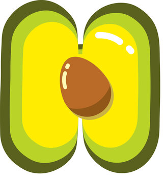 ripe avocado with pit, font abc, letter H