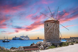 Fototapeta  - Medieval Rhodes Town Windmills, Mandraki harbor, Greece