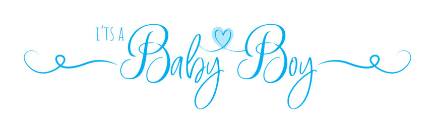 Wall Mural - It's a baby boy, vector. Baby shower banner design. Blue wording design isolated on white background.