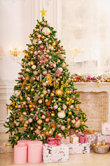 Wall Mural - A large beautiful traditional Christmas tree with gifts in a classic interior.