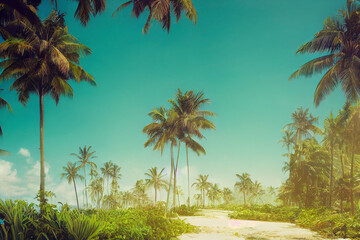 Wall Mural - Beautiful tropical beach with white sand, palm trees, turquoise ocean against blue sky with clouds on sunny summer day. Perfect landscape background for relaxing vacation, island of Maldives.