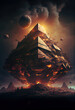 a giant pyramid floating with fire runes, several ships, alien invasion, dark sky