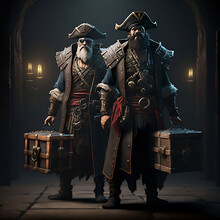 Two Pirate Captain With Treasure Box In Hand Digital Art