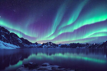 Beautiful Polar Lake Landscapes, Snowy Mountains, Starry Night, Aurora Night