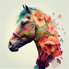 Double Exposure Of A Horse And Flower, Generative AI