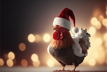 Cute Chicken With Christmas Hat On Bokeh Background, Christmas Or Ney Year's Concept