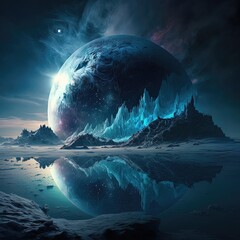 fantasy night mountain landscape. cold planet landscape.
