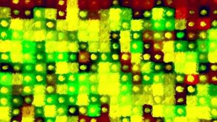 Poster - Colorful squares blink and pulse. Motion. Background of flashing squares and dots with blurry fluid effect. Acid background with flashing squares