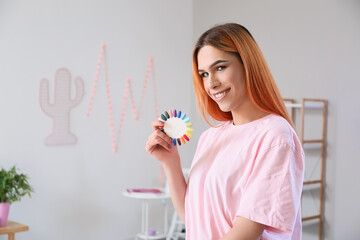 Sticker - Transgender manicure master with nail polish tips in salon