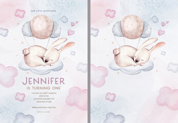 Watercolor hand drawn illustration of a cute baby bunny rabbit sleeping on the moon and the cloud. Baby Shower Theme Invitation birthday Template