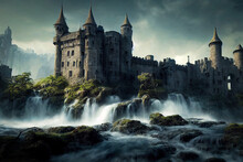 Lovely Medieval Castle With Waterfall, Digital Art. Fantasy Medieval Cityscape, Deep Color.