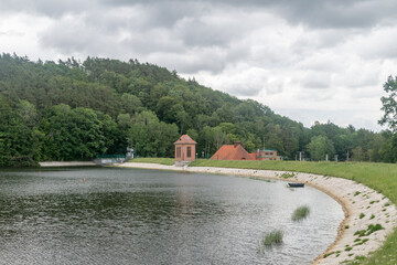 Poster - Lapino Water Reservoir on Radunia river at cloudy day.