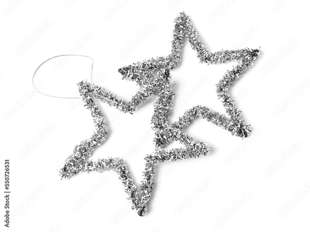Christmas decorations in shape of stars on white background