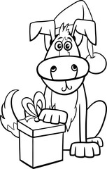 Wall Mural - comic dog with gift on Christmas time coloring page