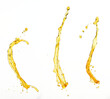 © Jade - Orange, lemon juice or oil lubricant splash, liquid gold yellow drink drops. Fruit beverage water elements in line form . Fresh splashing and flowing jets, white background isolated freeze motion