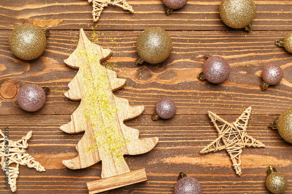 Beautiful Christmas toys on wooden background