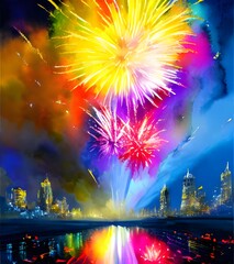 The sky is lit up with colourful fireworks. It's a beautiful sight.