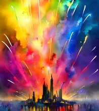An Enormous Crowd Has Gathered To Watch The Spectacular Firework Display That Signals The Start Of The New Year. Different-colored Explosions Light Up The Sky, Accompanied By Gasps And Applause From O