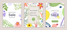 Floral Geometric Hello Summer Sale Banner Set, Greeting Postcard Fashion Flower Design Flat Vector Illustration, Isolated On White.