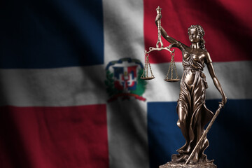 Dominican Republic flag with statue of lady justice and judicial scales in dark room. Concept of judgement and punishment, background for jury topics