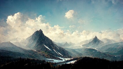 Wall Mural - mountain landscape cloudy sky himalayan hill valley background screensaver HD render