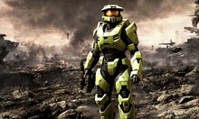 Futuristic Halo Soldier In War Zone 
