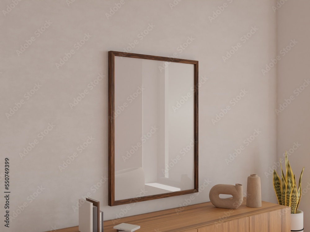 Interior poster mock up with vertical empty wooden frame on wall in ...