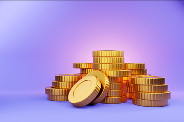 Fototapete - Set of golden coin isolated on  purple background. Symbol of gold and wealth. 3d illustration