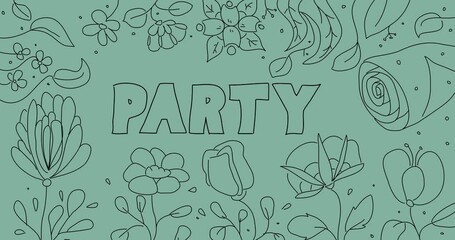 Poster - Flower line art background with Party text. Wildflower cartoon border, frame animation.