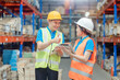 © ND STOCK - Asian engineer in helmets order and checking goods and supplies on shelves with goods background in warehouse.logistic and business export ,Warehouse worker checking packages on shelf in a large store