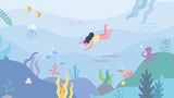 Fototapeta Do akwarium - in the beautiful sea. A diver is traveling underwater. Various marine creatures in the sea.