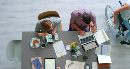 Aufkleber - Disability, startup meeting and business people with digital marketing, collaboration and teamwork for workplace inclusion. Above of website design employees and manager woman in wheelchair at table