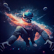 Man With Virtual Reality Glasses Floating In Space