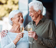 © Anela/peopleimages.com - Senior couple, wine and toast outdoor, love or happiness celebration for anniversary or event together. Smile, happy or love with elderly man and woman with alcohol glass to celebrate and marriage