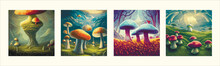 Surreal Rowing Landscape Vector Illustration. Alien Planet Surface Environment. Enchanted Forest With Mushrooms And Magic. Set Of Four Square Posters