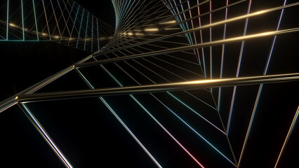 Poster - Abstract image of swirling golden double triangle lines on black background.,Abstract line movement,3d rendering