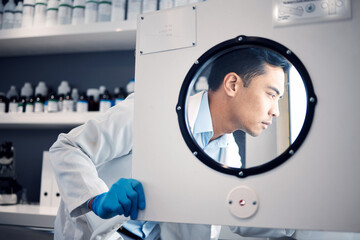 Aufkleber - Scientist, man and science laboratory incubator for research, chemistry experiment and biotechnology. Pharmaceutical innovation, chemical engineer and check health samples for testing in hospital lab