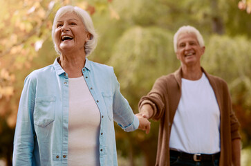 Canvas Print - Senior couple, holding hands and happy smile together in park, romance and love outdoor in park on date. Elderly man, woman and walking in forest, autumn and enjoy marriage relationship in nature