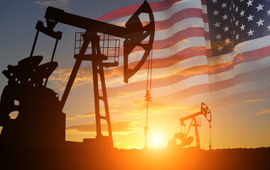 US oil industry .Crude oil and petroleum concept. American flag background