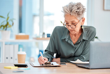 Senior, contract and business woman sign a legal document in a office reading a corporate report. Signature, working and planning elderly ceo writing on insurance, investment or pension paperwork